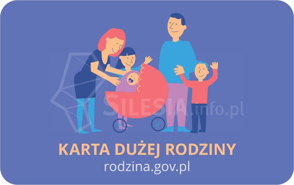 Grafika przedstawia na fioletowym tle rodziców z dwójka dzieci, napis karta dużej rodziny